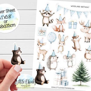 Aufkleber Bogen - Blaue Wald-Geburtstags-Aufkleber, Planer-Aufkleber, Scrapbook-Aufkleber, Journal-Aufkleber, Waldtiere, Wald-Geburtstags-Aufkleber