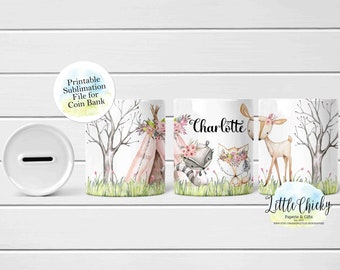 Woodland Animals Money Box, Coin Bank Full Wrap Sublimation Design, Instant Download, Sublimation Bank Template, Sublimation PNG