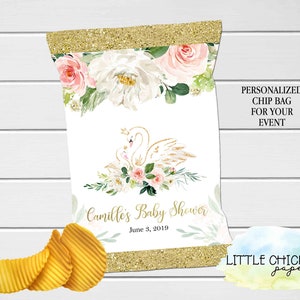 Swan Chip Bag, Printable Swan Baby Shower Chip Bag, Swan Baby Shower Blush Pink and Floral Chip Bag