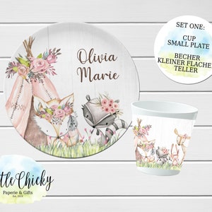 Woodland Animals Children's Plate set, Pink Forest Animals Personalized Plate, Cup, Melamine Plate, Birthday Gift, First Birthday, Baby Gift Set ONE