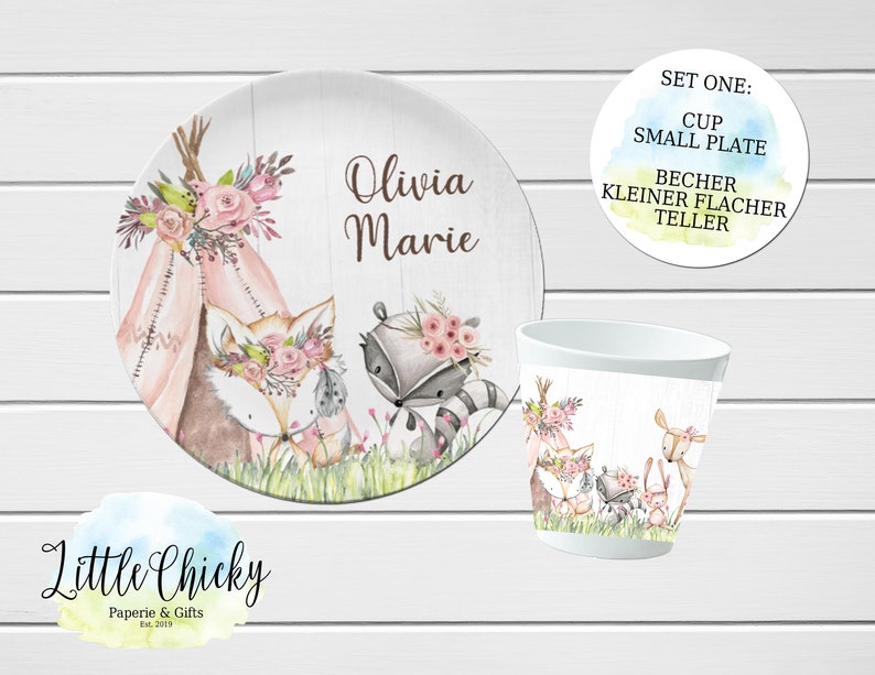 Waldtiere Kinderteller-Set, rosa Waldtiere personalisierte Teller, Tasse, Melamin-Teller, Geburtstagsgeschenk, erster Geburtstag, Babygeschenk Set ONE