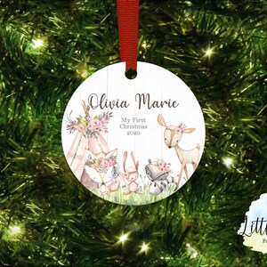First Christmas Ornament, Pink Woodland Animals, 1st Christmas Ornament, Mein erstes Weihnachten, Custom Ornament keepsake, Baby Girl Gift