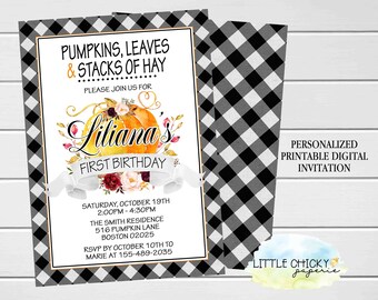 Pumpkin Birthday Invitation, Black and White Plaid Pumpkin Invitation, First Birthday Invitation, Fall Birthday Invitation, Printable Invite