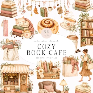Puede incluir: Una colección de ilustraciones en acuarela con pilas de libros, un gato durmiendo, rollos de canela, tazas de café, una fachada de librería, una persona con una bolsa de tela y detalles florales con el texto Cozy Book Cafe y 93 files 300 DPI PNG files.