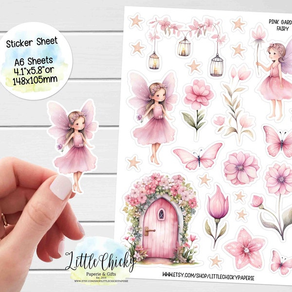 Sticker Sheet - Pink Garden Fairy Planner Stickers, Watercolor Stickers, Scrapbook Stickers, Journal Stickers, Baby Stickers