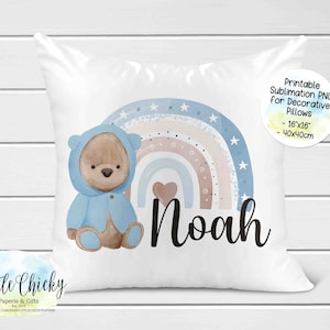Blue Boho Bear Rainbow Digital Sublimation Design, Sublimation PNG File, Instant Download, Personalize your own pillow, Baby Nursery Decor