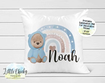 Blue Boho Bear Rainbow Digital Sublimation Design, Sublimation PNG File, Instant Download, Personalize your own pillow, Baby Nursery Decor