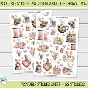 Könnte beinhalten: Zwei Stickerbögen mit Aquarellillustrationen von Mäusen mit Patchwork-Designs, Herzen und Garnrollen. Der Text enthält "Patchwork Mice" und "Sew in Love". Die Bögen sind mit "Print & Cut Stickers" und "Printable Sticker Sheet - 33 Stickers" beschriftet.