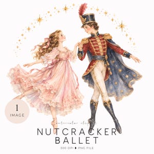 Peut inclure: Une illustration à l'aquarelle d'une danseuse en robe rose fluide et d'un soldat casse-noisette en uniforme rouge et bleu avec une cape, dansant sous une arche d'étoiles dorées. Texte : 1 IMAGE, NUTCRACKER BALLET, 300 DPI PNG FILE.