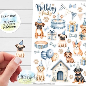 Hoja de pegatinas: pegatinas de cumpleaños de Blue Puppy Pawty, pegatinas para planificador, pegatinas para álbumes de recortes, pegatinas para diarios, pegatinas de cumpleaños de Blue Dog