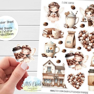 Hoja de pegatinas: pegatinas de planificador "Me encanta el café", pegatinas de hada del café, pegatinas de café, pegatinas para álbumes de recortes, pegatinas para diarios