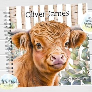 Highland Cow Baby Keepsake Journal, Personalized Highland Cow Baby Book, Milestone Stickers, First Five Years, Baby Book, Baby Shower Gift