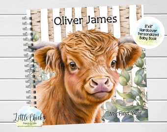 Highland Cow Baby Keepsake Journal, Personalized Highland Cow Baby Book, Milestone Stickers, First Five Years, Baby Book, Baby Shower Gift