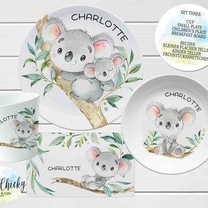 Juego de Platos Infantiles Koala, Plato Personalizado Koala Acuarela, Taza, Plato de Melamina, Regalo Cumpleaños, Primer Cumpleaños, Regalo Bebé, Niño, Niña Set THREE