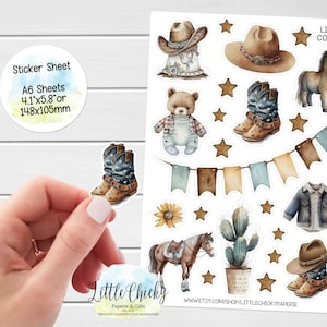 Foglio di adesivi: adesivi per pianificatore piccolo cowboy, cowboy bambino acquerello, adesivi per album, adesivi per diario, adesivi cowboy, adesivo per bambini