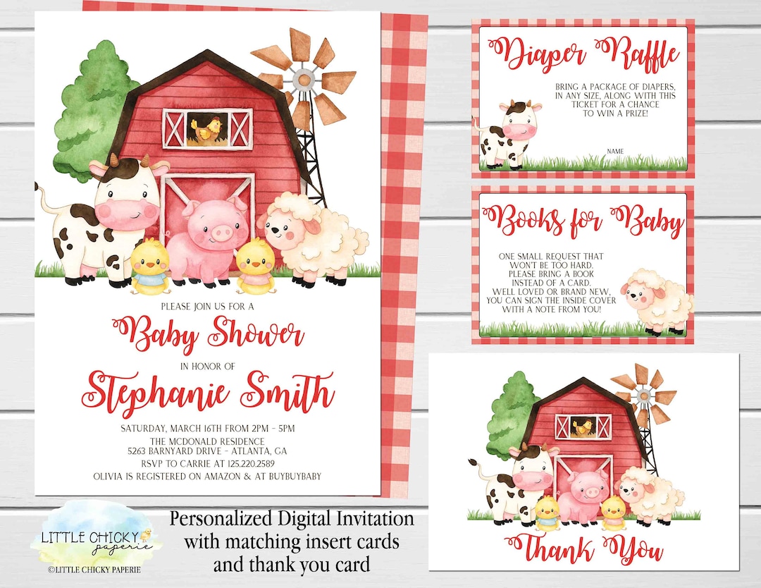 Farm Animals Baby Shower Invitation Set With Diaper Raffle Cards, Books