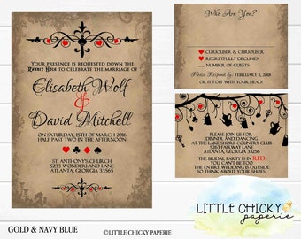 Alice in Wonderland Wedding Invitation Set with RSVP card and Reception card, Instant Download, Printable Invitations