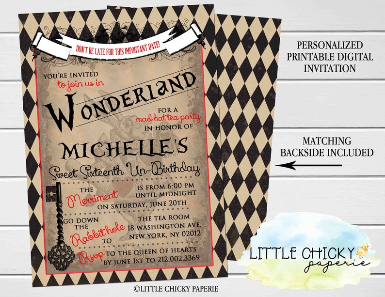 Vintage Alice in Wonderland Birthday Invitation Sweet Sixteen Quinceaera Digital or Printed Invitation
