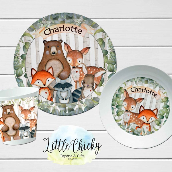 Woodland Animals Children's Plate set, Personalized Plate Set, Melamine Plate, Baptism Gift, Birthday Gift, First Birthday, Baby Shower Gift