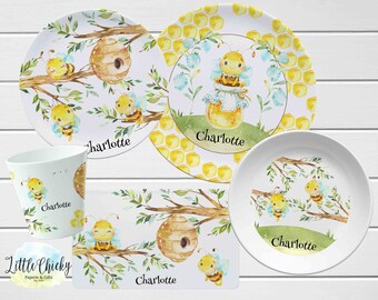 Ensemble d'assiettes pour enfants abeille, assiette personnalisée bourdon mignon, tasse, assiette en mélamine, assiettes pour fille, cadeau d'anniversaire, premier anniversaire, cadeau de bébé