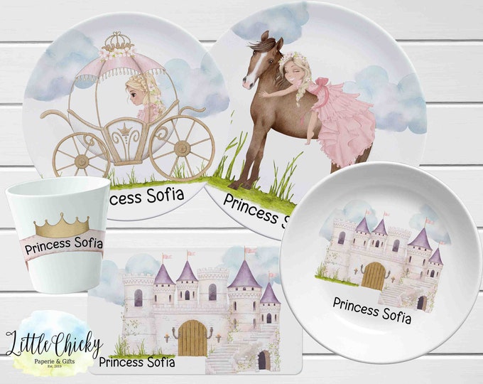 Personalized Children's Plate set,  Princess Plate Set, Pink Princess Plate Set, Melamine Plate, Birthday Gift, Baptism, Kids Gift, Castle