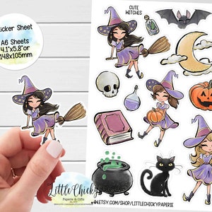 Feuille d'autocollants - Stickers sorcières mignonnes, autocollants d'agenda d'Halloween, autocollants de scrapbooking, autocollants de journaux, autocollants d'Halloween non effrayants