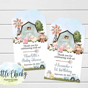 Blue Farm Favor Tags, Blue Barnyard Bash Grazie Tags, Blue Farm Birthday o Baby Shower Favor Tags, Baby Shower Grazie Tags
