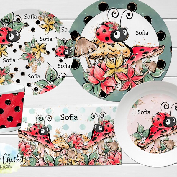 Ladybug Children's Plate set, Ladybug Personalized Plate, Cup, Melamine Plate, Birthday Gift, First Birthday, Baby Shower Gift, Girl Gift