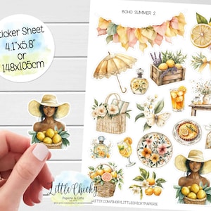 Foglio di adesivi - Adesivi Boho Summer 2, Adesivi per planner, Adesivi per album, Adesivi per diario, Adesivi con limoni e fiori, Adesivi estivi