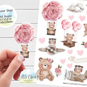 Sticker Sheet - Pink Airplane Teddy Bear Stickers, Planner Stickers, Scrapbook Stickers, Bear Stickers, Journal Stickers, Baby Stickers