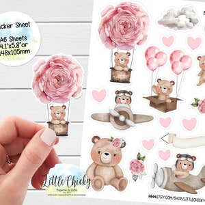 Feuille d'autocollants - Stickers avion rose ours en peluche, autocollants agenda, autocollants de scrapbooking, autocollants ours, autocollants de journal intime, stickers bébé