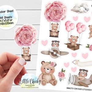 Sticker Sheet - Pink Airplane Teddy Bear Stickers, Planner Stickers, Scrapbook Stickers, Bear Stickers, Journal Stickers, Baby Stickers