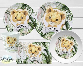 Kinderteller-Set, Löwe-Safari personalisierte Teller, Tasse, Melamin-Teller, Geburtstagsgeschenk, erster Geburtstag, Baby-Geschenk, Weihnachtsgeschenk