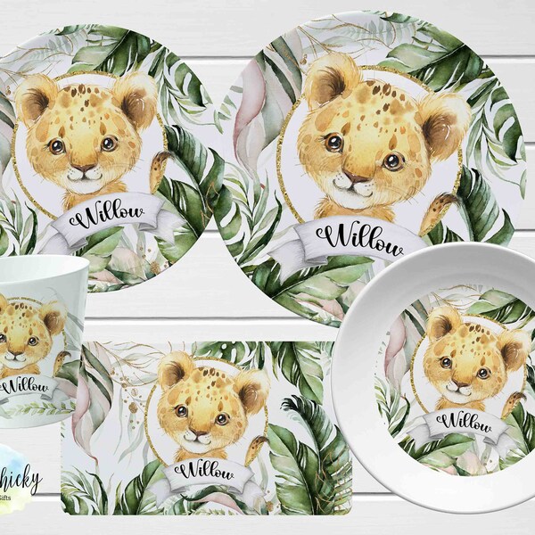 Kinderteller-Set, Löwe-Safari personalisierte Teller, Tasse, Melamin-Teller, Geburtstagsgeschenk, erster Geburtstag, Baby-Geschenk, Weihnachtsgeschenk