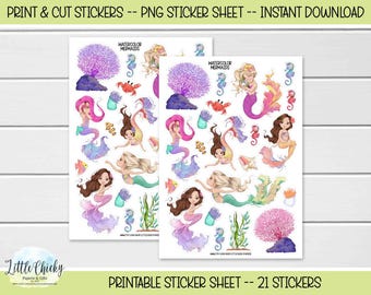 Printable Stickers -Cute Mermaid Stickers, PNG Stickers, Print N Cut Stickers, Digital Download, Journal Stickers, Scrapbook Stickers