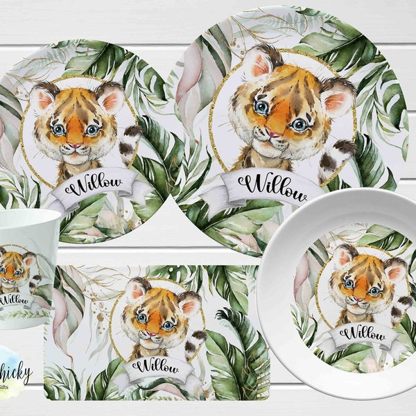 Tiger Children's Plate set, Tiger Safari Personalized Plate, Cup, Melamine Plate, Birthday Gift, First Birthday, Baby Gift, Christmas Gift