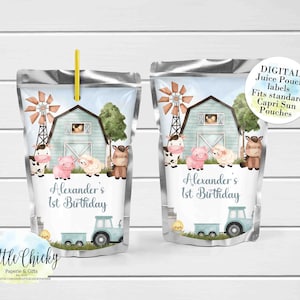 May include: Printable digital labels for juice pouches featuring a farm scene with a barn, windmill, animals, and the text "Alexander's 1st Birthday".