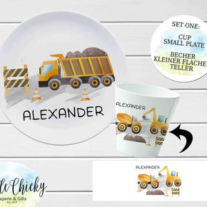 Construction Vehicles Children's Plate set, Personalized Plate, Cup, Melamine Plate, Baptism Gift, Birthday Gift, First Birthday, Baby Gift Set ONE