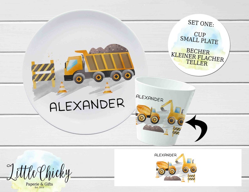 Construction Vehicles Children's Plate set, Personalized Plate, Cup, Melamine Plate, Baptism Gift, Birthday Gift, First Birthday, Baby Gift Set ONE