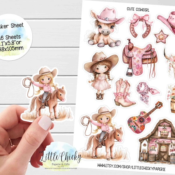 Sticker Sheet - Cute Cowgirl Planner Stickers, Watercolor Cowgirl, Scrapbook Stickers, Journal Stickers, Cowgirl Stickers, Baby Sticker