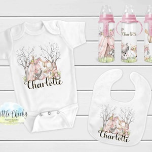 Pink Woodland Sublimation Gift Set Files, Woodland Baby Bib, Shirt, 8oz baby bottle, INSTANT DOWNLOAD, PNG File, Forest Animals, Sublimation