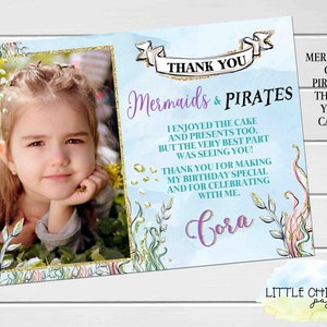 Mermaid or Pirate Birthday Thank You Card, Thank You Card with Photo