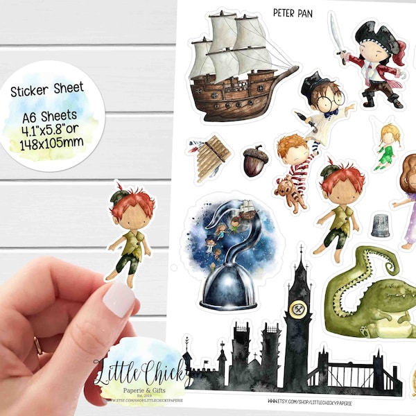Sticker Sheet - Peter Pan Stickers, Peter Pan & Wendy Planner Stickers, Scrapbook Stickers, Storybook Journal Stickers, Baby Stickers