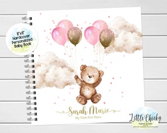 Journal souvenir de bébé ours en peluche rose, livre personnalisé pour bébé première année d'ours rose, autocollants d'étape importante, cinq premiers ans, cadeau de baby shower