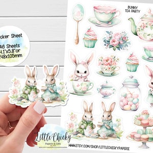 Foglio di adesivi - Adesivi Bunny Tea Party, Adesivi Bunny Planner, Adesivi Scrapbook, Adesivi Floreali, Adesivi Diario, Adesivi per Bambini