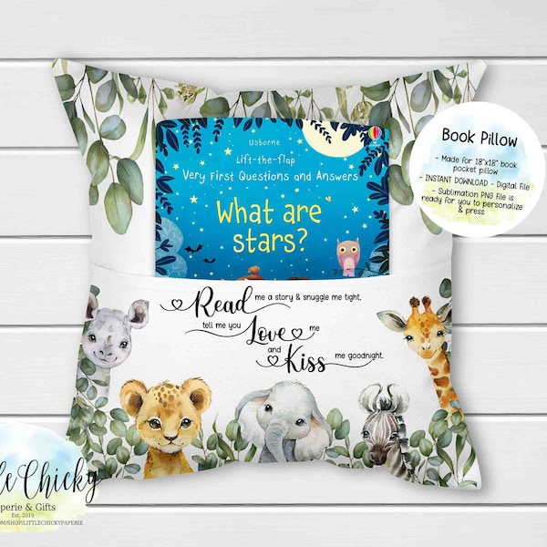 Safari Animals Book Pillow Digital Sublimation Design, Sublimation PNG File, Instant Download, Jungle Animals PNG