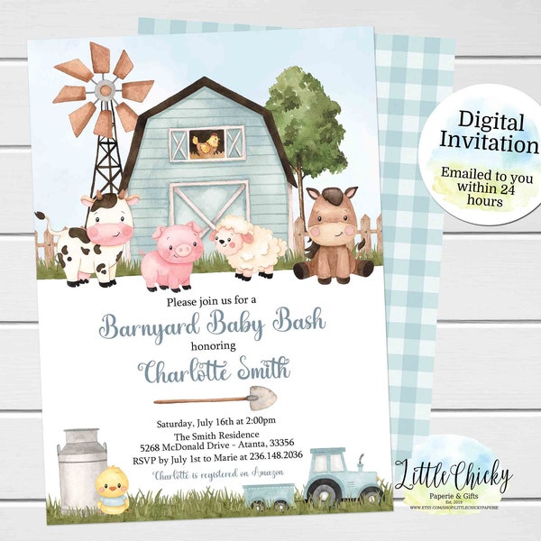 Farm Baby Shower Invitation, Blue Barnyard Baby Shower Invitation, Farm Animals, Boy Baby Shower, Barnyard Bash,  Farm Invitation