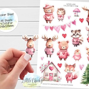 Aufkleber Bogen - Rosa Waldtiere Valentinstag Aufkleber, Planer Aufkleber, Scrapbook Aufkleber, Journal Aufkleber, Journal Aufkleber