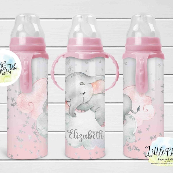 Pink Elephant 8oz Baby Bottle Sublimation Design, Pink Baby Elephant Sublimation PNG, Sublimation Bottle, Instant Download, Tumbler Template