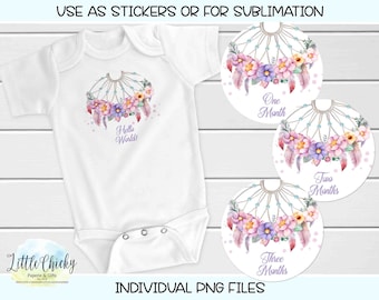 First Year Monthly Milestones - Dreamcatcher Monthly Milestone Stickers, Sublimation PNG, Printable Monthly Milestone Stickers, Cricut PNG